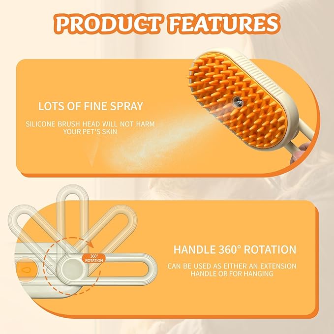3 in1 Steamy Pet Hair Brush, Yellow, Massage Grooming Brush With Water Spray for Removing Static Flying Hair, Dog & Cat Comb for Shedding
