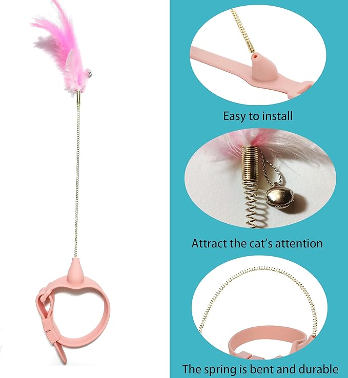 Cat Collar Funny Cat Stick,Interactive Cat Feather Toys with Bell,Pink Spring Cat Teaser Stick Toy, Used for Cat Indoor Play, Suitable for Old Kittens and Kittens to Exercise