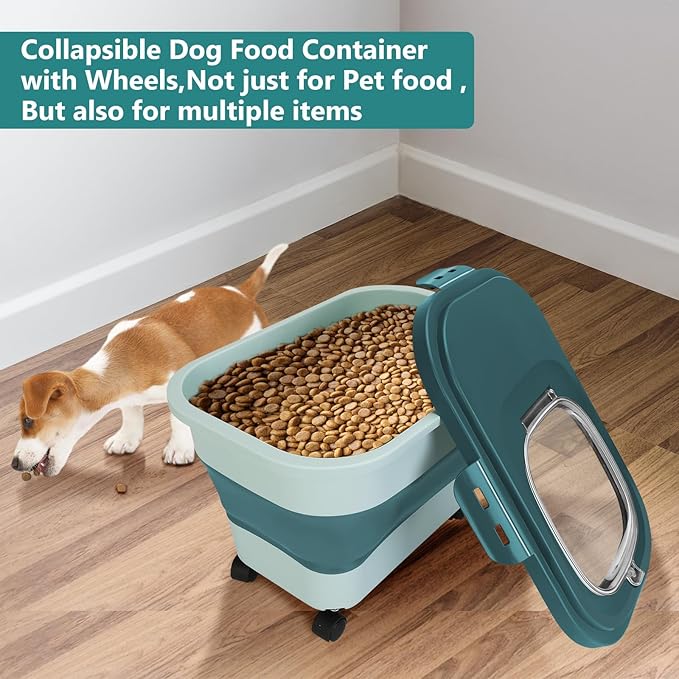 2 PCS Dog Food Storage Containers 15-20 Lbs Collapsible Dog Food Storage Container - with Measuring Cup &Scoop(Green+Green)