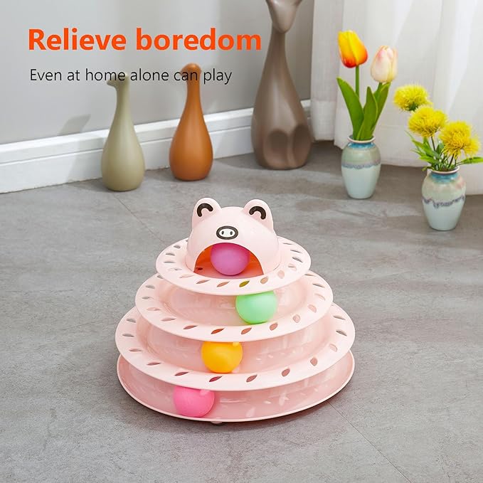 Cat Toys, 4-Level Turntable Ball Track Interactive Cat Toy for Indoor Cats, Self Play Fun Roller with Colorful Rotating Ball Puzzle Exercise Kitten Toys (Pink)