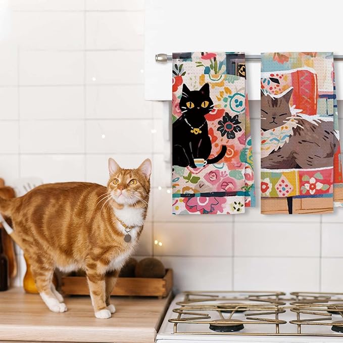 Cute Cat Kitchen Towels Set of 2 Cats Decoration for Cat Lovers Cat Kitchen Accessories Cat Mom Gifts for Women Cute Hand Towels Decorative Set for Kitchen & Bathroom 16×24 Inch