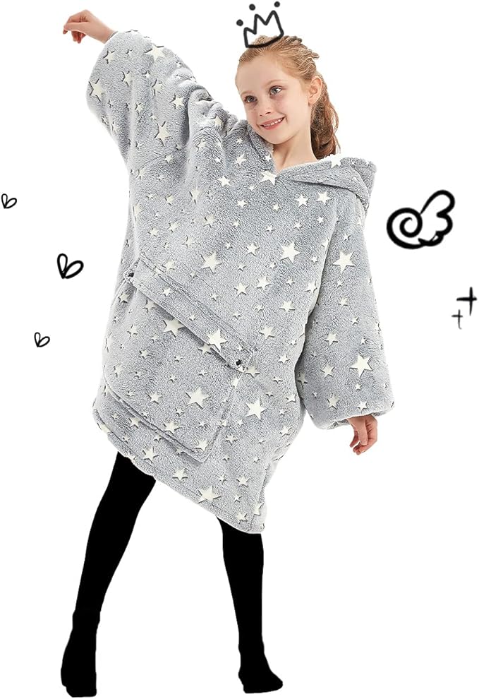 KFUBUO Wearable Blanket Hoodie for Kids Sherpa Patterns Oversized Sweatshirt Blanket With Pocket 6-10 Year Old Girl Boy Gifts Glow in The Dark Stars