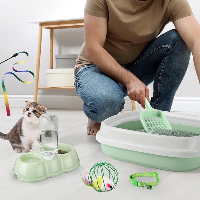 7 Pcs Small Cat Kitten Starter Kit Cat Litter Box with Shovel Cat Paw Litter Mat Double Automatic Cat Bowls Cat Toy Teaser Stick Cat Collar Essentials Kits for 1-3 Lbs Beginner (Fresh Green,Stylish)