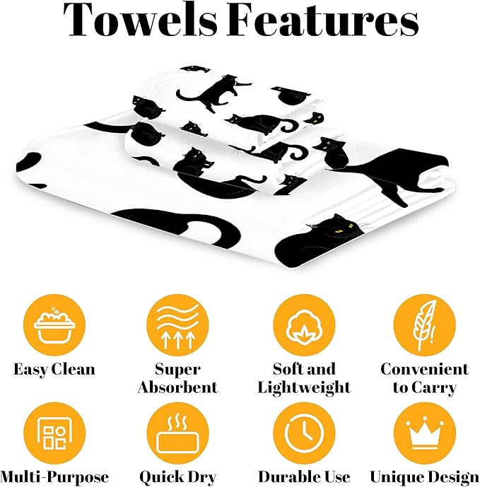 Black Cats 3 Piece Towel Bathroom Sets, 1 Bath Towel, 1 Washcloth, 1 Hand Towel, Cotton Fast Dry Soft Absorbent Towel Set for Home Kitchen Family