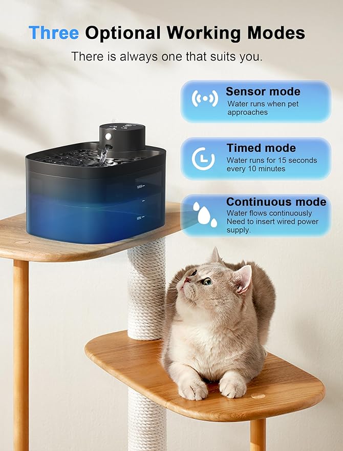 Battery Operated Cat Water Fountain, 84OZ/2.5L Wireless Pet Water Fountain for Cats Indoor, Cat Fountain with Motion Sensor, Ultra Quiet Pump, Black (Black+4Filters+4Sponges)