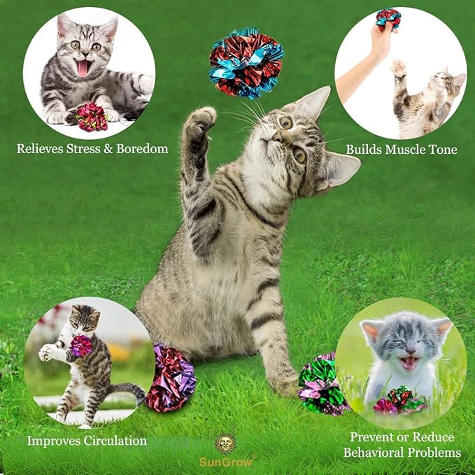 SunGrow Cat Crinkle Balls, 1.5-2 Inches, Lightweight, Ideal for Kittens and Adult Cats (Multicolor, 18 Pieces)