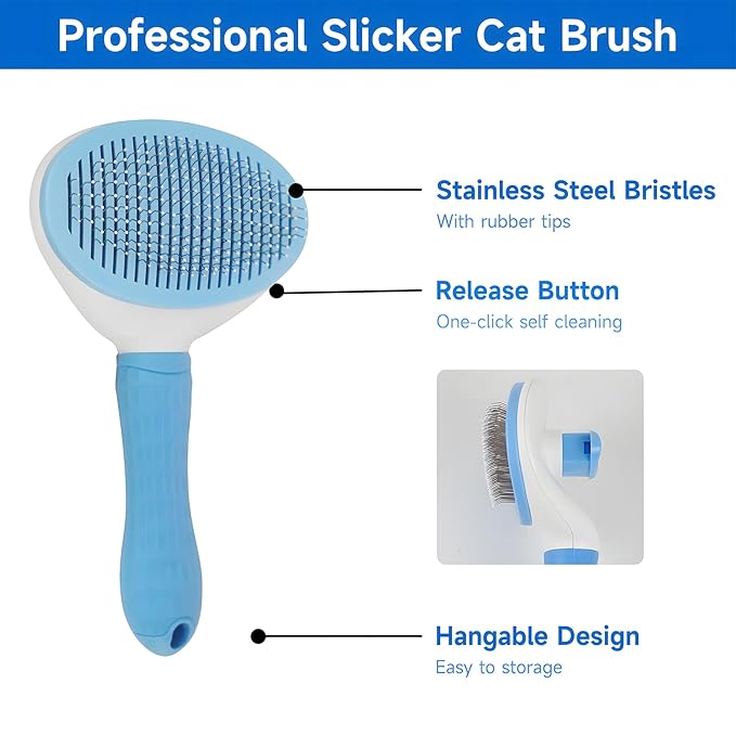 cat brush with release button, indoor cat hair brush that falls off, suitable for long or short haired cats, cat beauty brush for kittens, cat comb, rabbit massage to remove loose fur