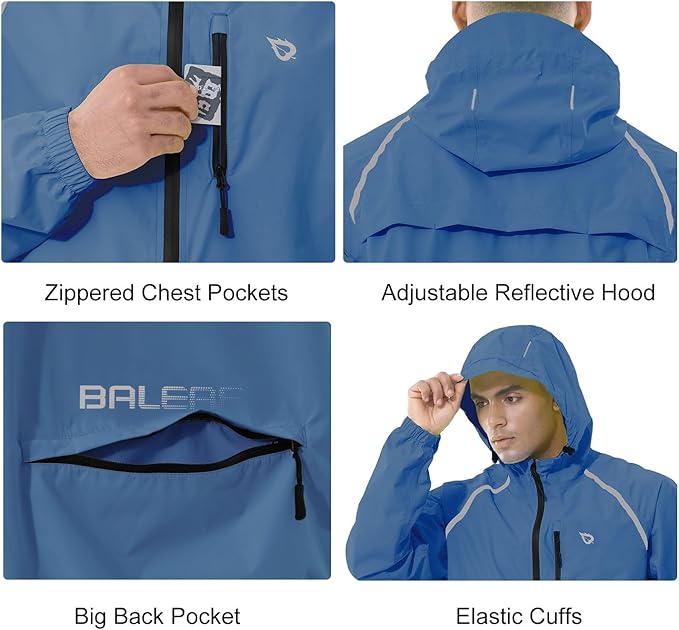 baleaf Men's Rain Jacket Waterproof Windbreaker Running Cycling Golf Hiking Gear Hood Lightweight Reflective Packable