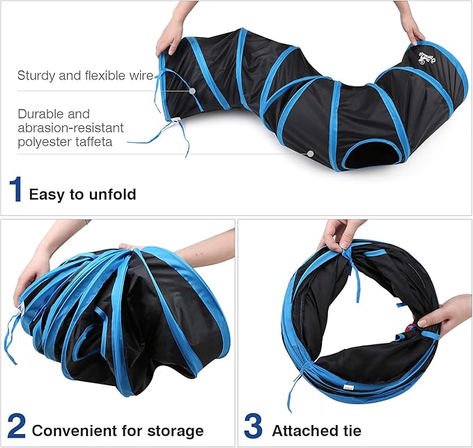 Pawaboo Cat Toys, Cat Tunnel Tube S-Shaped Tunnels 25x97cm Extensible Collapsible Cat Play Tent Interactive Toy Maze Cat House with Balls and Bells for Cat Kitten Kitty Rabbit Small Animal, Blue