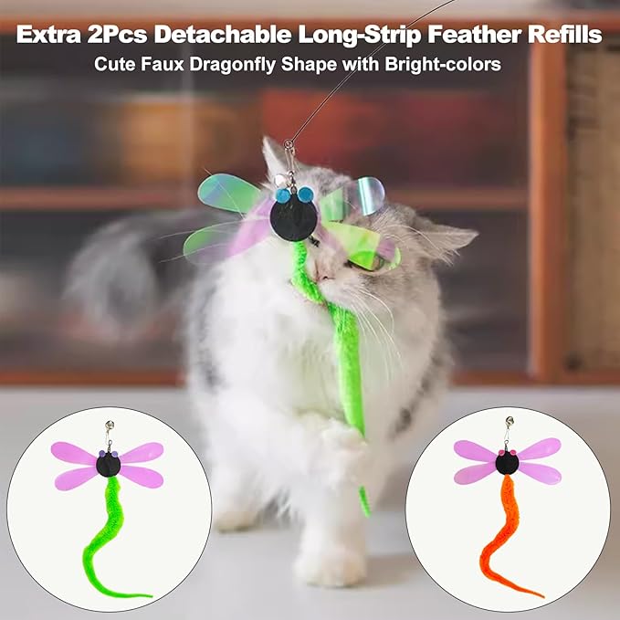 Kingtree Cat Teaser Wand Toys, Interactive Feather Cat Wand Toy with 5 Bell Feather Refills & 2Pcs 35'' Flexible Steel Wire Wood Handle Wands, Cat Feather Toys for Indoor Cats to Play Chase Exercise