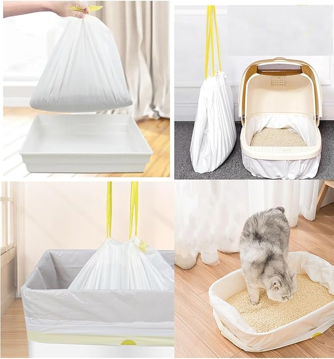 60 Count Cat Drawstring Litter Box Liners 26.6 * 16.7 inches 2 Mils Heavy Duty Leak-proof Cat Poop Bags Extra Durable Cat Litter Box Replacement Waste Bags for Self-Cleaning Litter Box