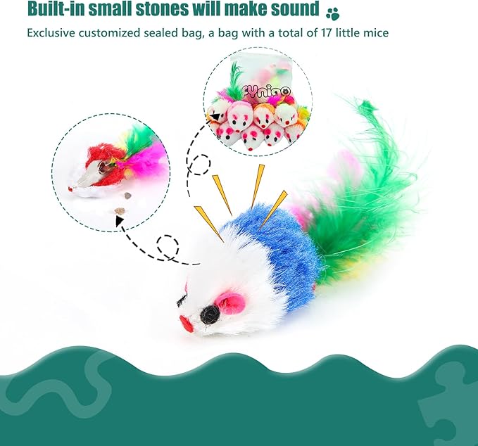 FYNIGO Cat Mouse Toys,17 PCS Cat Toy Mice Rattle Set,Interactive Cat Toy for Indoor Cats and Kittens,Assorted Color Catnip Toys with Feather Tail
