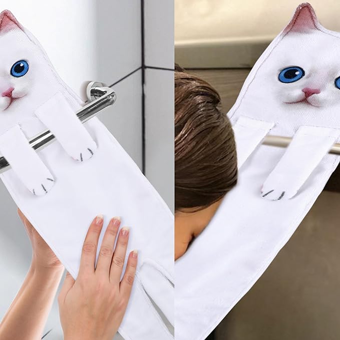 Funny Hand Towels for Bathroom Kitchen - Cute Decorative Cat Decor Hanging Washcloths Face Towels Super Absorbent Soft - Mothers Day Easter House Warming Birthday Gifts for Women Cat Lovers-White