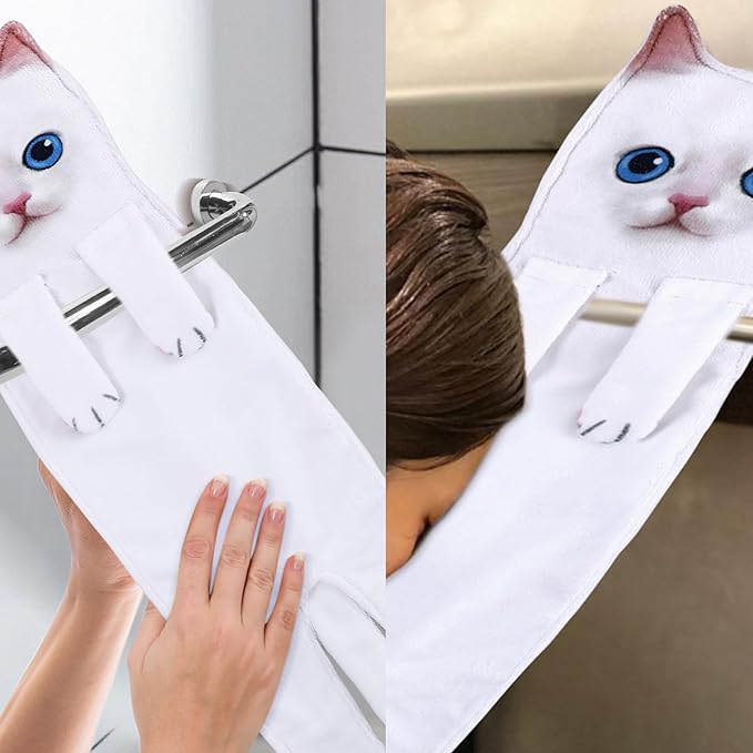 Cat Hand Towels for Kitchen and Bathroom - Cute Decor Gadgets - Hanging Soft Absorbent Face Towel - Funny Birthday, Mother's Day, Housewarming Holiday Unique Gifts for Women, Mom, Lady, Cat Lovers