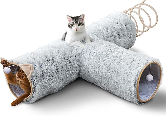 Cat Tunnels with Spring Toys for Bored Indoor Cats, Soft Plush 3 Way Cat Hideaway Tunnels with Cat Balls for Kitten, Rabbit, Ferret, Puppy, Grey