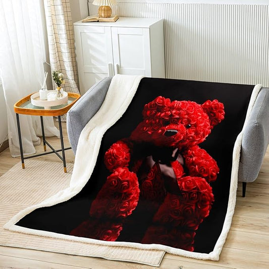 Roses Sherpa Blanket Red Bear Fleece Throw Blanket for Sofa Couch Bed Rose Floral Print Plush Blanket Ultra Soft Decor Gift Romantic Flowers Pattern Fuzzy Blanket King 87x95 Inch
