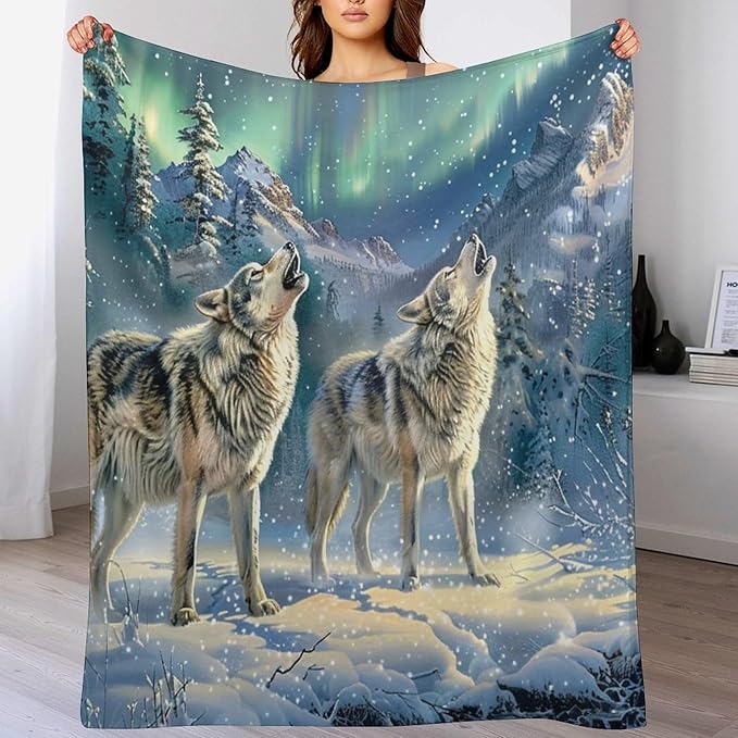 Wolf Blanket Wolf Aurora Borealis Gifts for Girls Boys Woman Kids Wolf Lover Throw Blankets Soft Blanket Warm Fleece Flannel Plush Blankets for Bed Sofa Couch 50"x60"