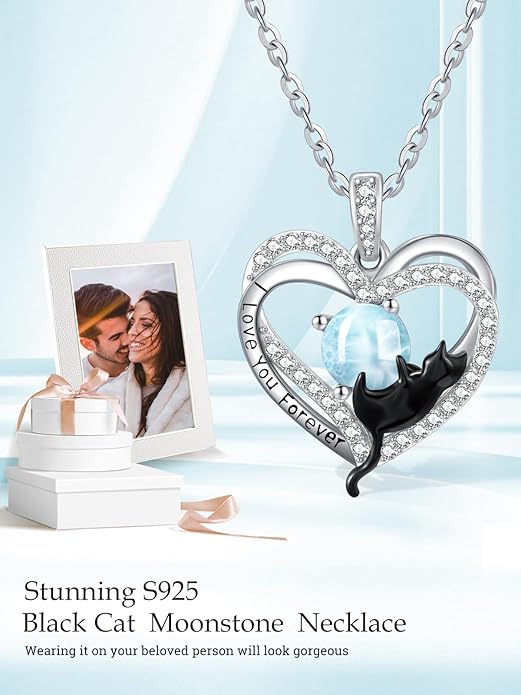 Birthstone Cat Necklaces,925 Sterling Silver Cat Necklace Heart Pendant for Women,Dainty Animal Jewelry for Her,Wedding Anniversary Birthday Gifts for Women Mom Grandma