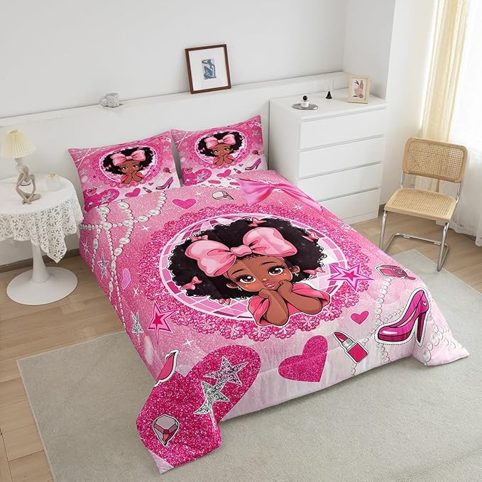 Black Princess Girly Comforter Set Queen Size,High-heeled Shoes Lip Bowknot Diamond Bedding Set,Girls Women Room Decor,African American Girls Down Comforter,Pink Cute Duvet Insert,2 Pillowcases