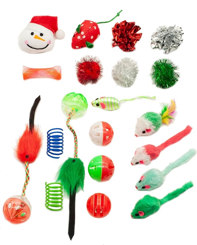 Fashion's Talk Christmas Cat Toys 20 Count Kitten Gift Bag, Holiday Variety Pack for Indoor Cats,Xmas Set Assorted Toys Interactive Play