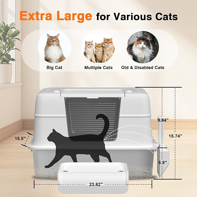 3-in-1 Stainless Steel Cat Litter Box with Removable Lid-Enclosed XL Extra Large High-Sided Metal Box for Small & Big Cats with Scoop-Easy to Clean, Odor Control, Non-Sticky,Anti-Leakage (White)