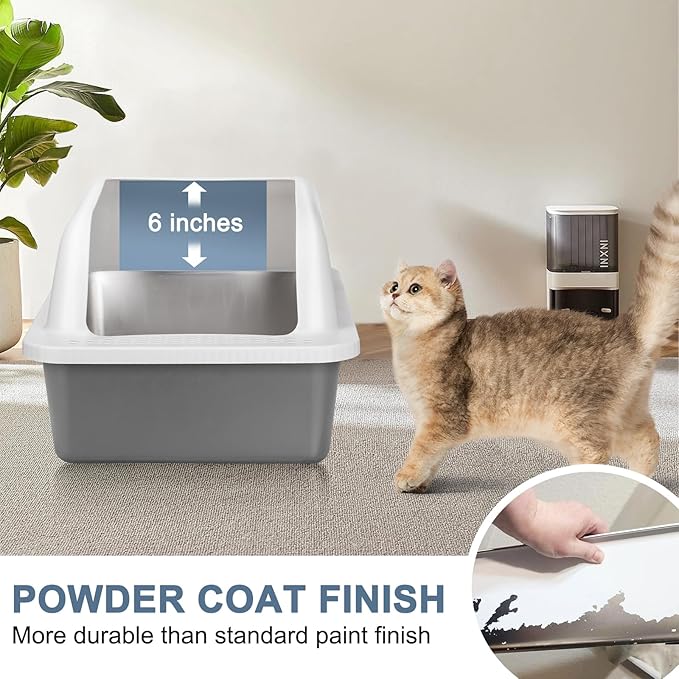 2 Pack Stainless Steel Cat Litter Box, XL Extra Large Cat Litter Box with Lid, Cat Litter Box High Sided, Easy to Clean, Enclosed Metal Cat Litter Pan for Multiple Cats(Grey Coated)