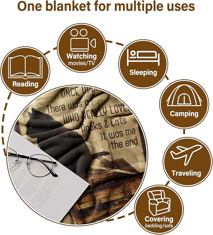 Gifts for Readers, Book Lover Gifts for Women, Black Cat Blanket for Women Cat Lover, Book Reading Lovers Blanket Throws 60"x50"