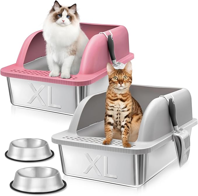 2 Pack XL Stainless Steel Litter Box Enclosure, Stainless Steel Cat Litter Pan for Big Cats, Large Metal Litter Box with Anti-Leakage High Wall, Non-Sticky Easy Cleaning Cat Litter Tray