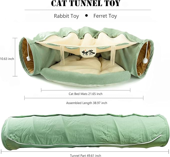 Cat Tunnel Bed, 2-in-1 Collapsible Cat Tunnel Tubes Toys with Removable Mat for Pet Cats Kittens Puppies Rabbits Bunnies Ferrets (Matcha)
