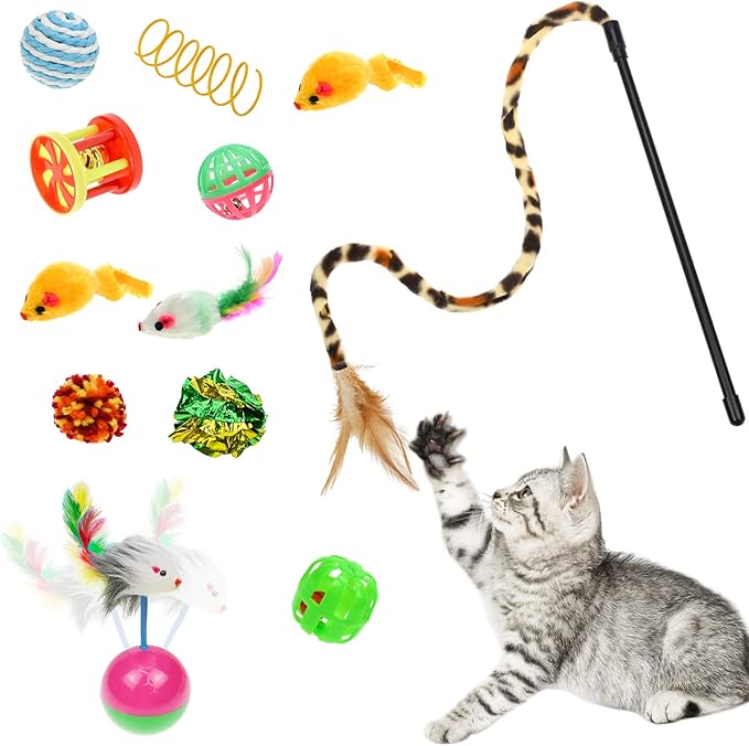 Malier Interactive Cat Tunnel Toys Set With Feather Toy, Crinkle Balls, and 3-Way Tube - Great for Kittens and Cats