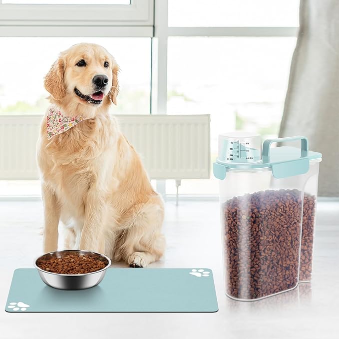 5-7Lbs Portable Airtight Dog Cat Food Container, match pet feeding mat Clean and convenient, making less messy,translucent Storage Bin for Small Animal Kibble,Bird Seed,Oatmeal,Rice-Sky Blue