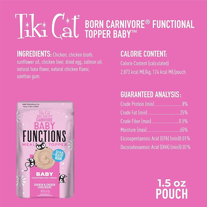 Tiki Cat Born Carnivore Baby Functional Topper Mousse, Chicken & Chicken Liver Recipe, 1.5 oz. Pouch, (Pack of 12)