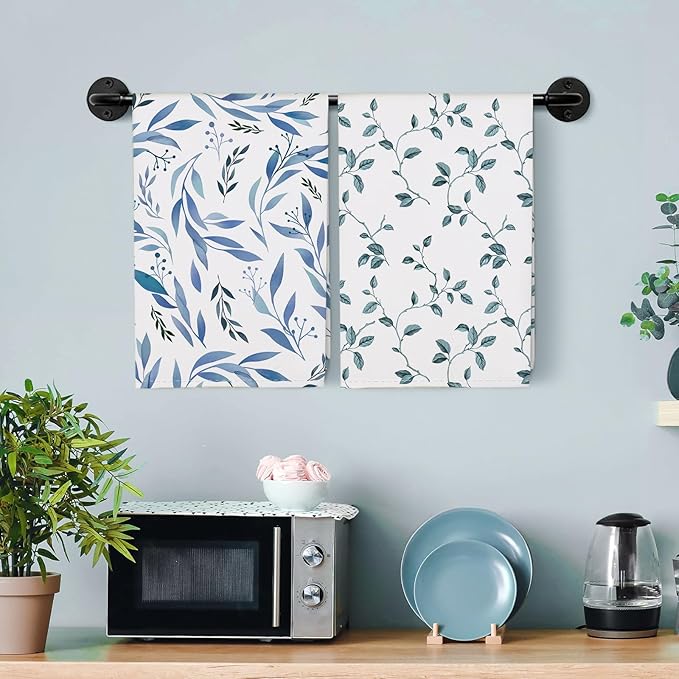 Blue Flower Leaves Tea Towels, 100% Cotton Kitchen Towel Set 20×27.5inch, Multi-Purpose Quick Dry Dish Towels Dishcloths Hand Towels Bar Towels(Set of 4)