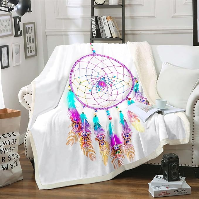 Dreamcatcher Fleece Throw Blanket Boho Dream Catcher Decor Plush Blanket for Sofa Couch Bed Decor Indian Hippie Feather Sherpa Blanket Chic Luxury Tribal Elements Fuzzy Blanket Queen 90x90 Inch