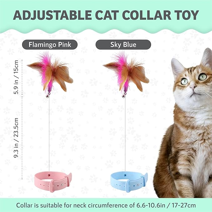 KOTYA Cat Collar Toy, New Premium Teasing Wand with Colorful Natural Feathers and Bell, Lightweight Silicone for Extra Comfort, Interactive Self Playing Toys for Indoor Kittens (Flamingo Pink)