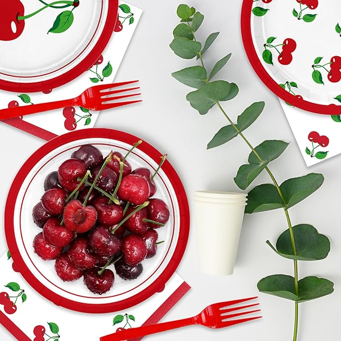 48Pcs Cherry Birthday Decorations Fruit Theme Tableware Set Disposable Plates Napkins Forks Serves 16 Baby Shower Cherry Party Decorations
