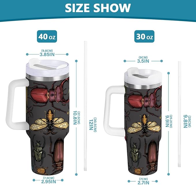Boccsty Bright Insects Dark Insulated Tumblers Beetle Reusable Stainless Steel Tumbler 40 oz Cup Coffee Travel Mug Water Bottle with Handle & Flip Straw for Home Office Car