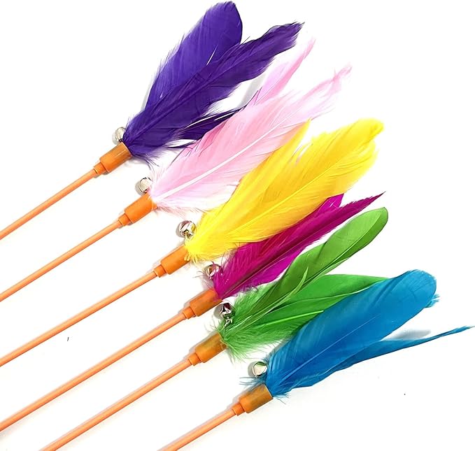 Cat Wands, 6 PCS Colorful Feather Cat Teaser Toys Interactive Cat Feathers Wand with Bell for Cat and Kitten
