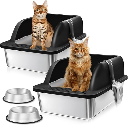 2 Pack Stainless Steel Litter Box with Lid, 24'' x 16'' x 12'' Extra Large Litter Boxes for Big Cats, XL Metal Cat Litter Box with High Sided, Enclosed Cat Litter Boxes with Litter Scoop