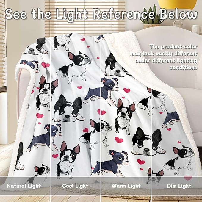 BlessLiving Boston Terrier & Frenchie Dog Plush Blanket - Red Heart Cute Puppy Dog Cozy Fleece Throw for Kids, Girls & Women - White - 50 x 60 Inch
