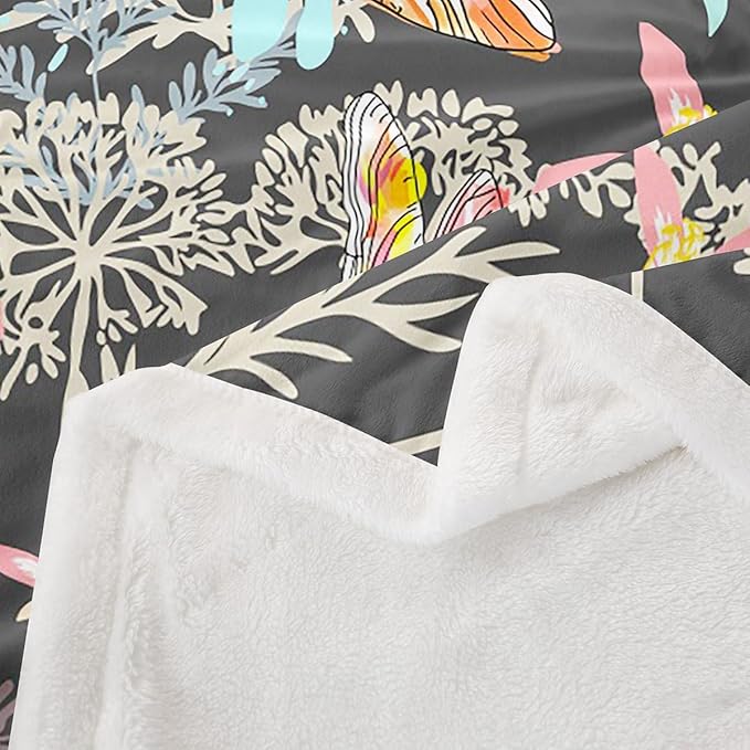 Feelyou Dragonfly Sherpa Blanket Queen 90x90 Inches Botanical Floral Fleece Throw Blanket for Kids Girls Teens Women Bedroom Decor Nature Animals Branches for Sofa Bed Couch Grey