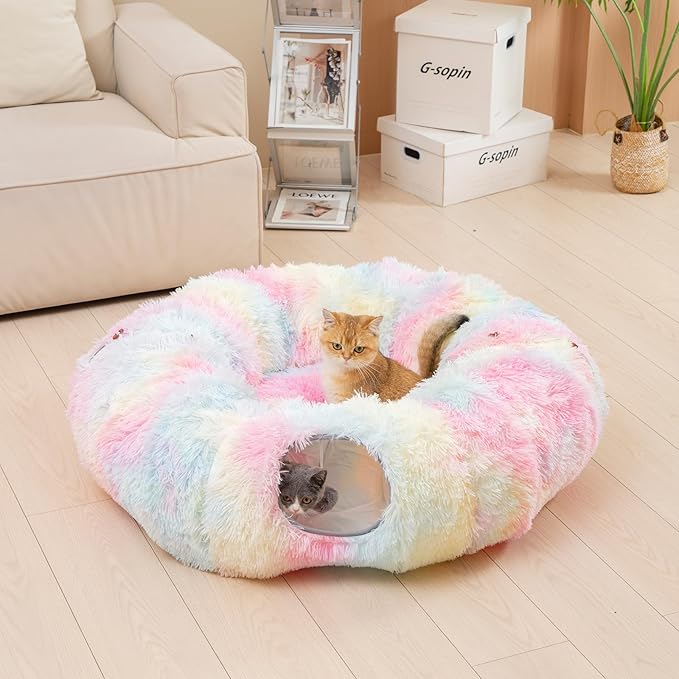 Avont Cat Tunnel Bed with Central Washable Cushion - Large Cat Tunnel Tube Toys 3 Shape to Play for Indoor Cats Kittens Puppies Ferret, Round Plush Fluffy Cat Bed with Tunnels -Rainbow