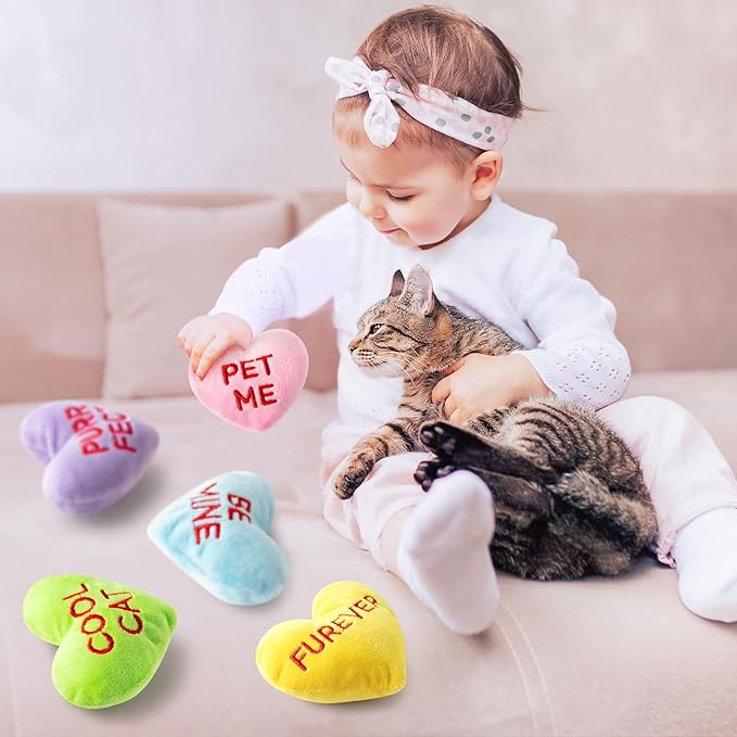 MALLMALL6 5Pcs Valentine’s Day Conversation Heart Candy Catnip Toys for Cat, Catmint Interactive Cat Toy for Indoor Cats, Soft Plush Pet Sweetheart Gift Supplies, Kitten Teething Chew Kick Toy Set