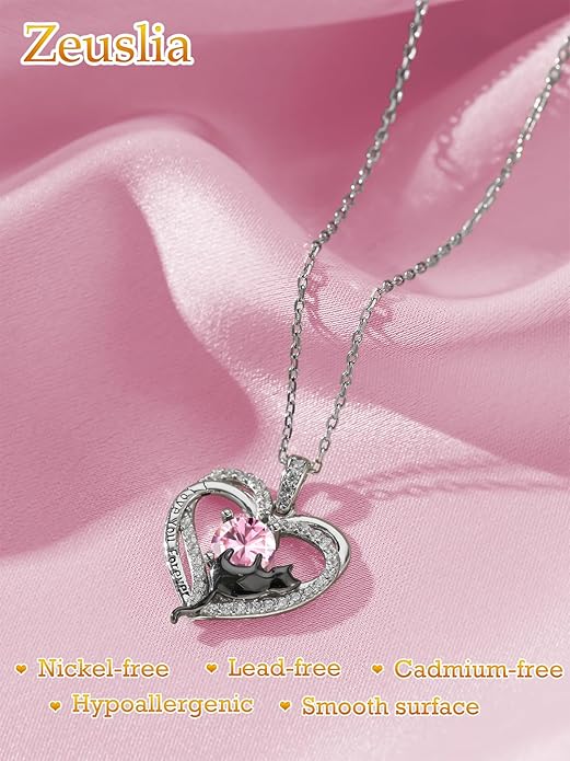 Birthstone Cat Necklaces,925 Sterling Silver Cat Necklace Heart Pendant for Women,Dainty Animal Jewelry for Her,Wedding Anniversary Birthday Gifts for Women Mom Grandma