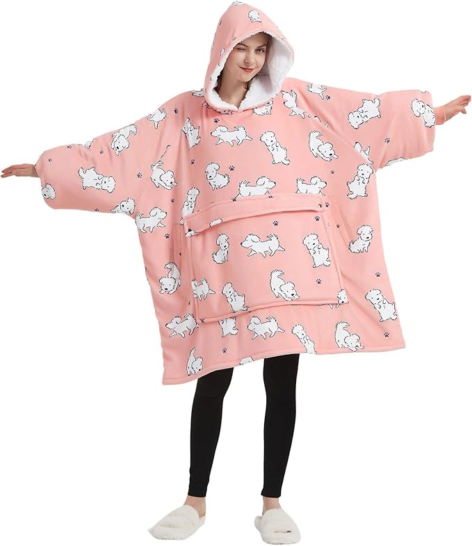 KFUBUO Wearable Blanket Hoodie for Adult Sherpa Dog Patterns Oversized Hoodie Sweatshirt Blanket with Pockets Birthday Gifts for Women