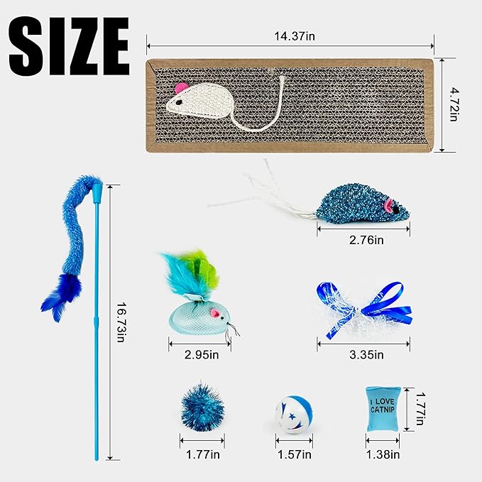 Cat Toys Kitten Toys Set, Cat Scratching pad with Catnip,Cat Wand Toy,Interactive Kitty Toys Cat Feather Toy Catnip Toy Fluffy Mouse Crinkle Balls for Cat Kitty Kitten (Blue)…