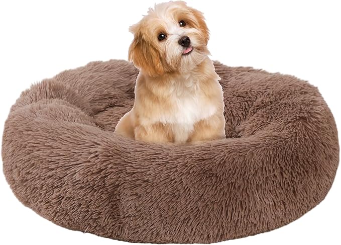 Calming Dog Bed, Dog Beds Fits up to 25 lbs Pets, Fluffy Donut Dog & Cat Bed Washable, Round Anti Anxiety Dog Bed, Small Dog Bed with Non-Slip Bottom (Khaki, 24" x 24")