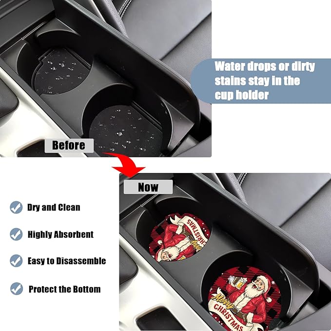 Car Cup Holder Coaster - Christmas Santa Absorbent Ceramic Coaster, Car Coasters for Cup Holders, Auto Accessories for Women & Men, Pack of 2