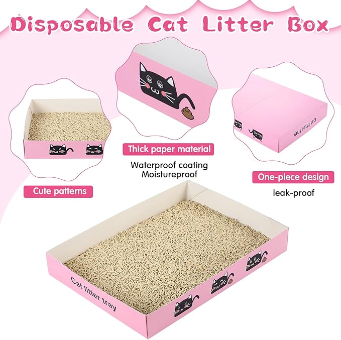 30 Pack Disposable Cat Litter Box Foldable Paper Kitty Tray 13.8x10x2 in Small Lightweight Cardboard Box Water Proof for Indoor Low Entry Easy Disposal Non Clumping Nice Absorption Portable (Pink)