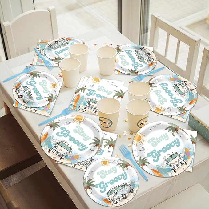 96PCS Summer Beach Party Party Supplies Tableware Set Surfing Hippie Groovy Birthday Party Disposable Dinnerware Plates Napkins Forks for Summer Beach Birthday Baby Shower Decorations for 24 Guests